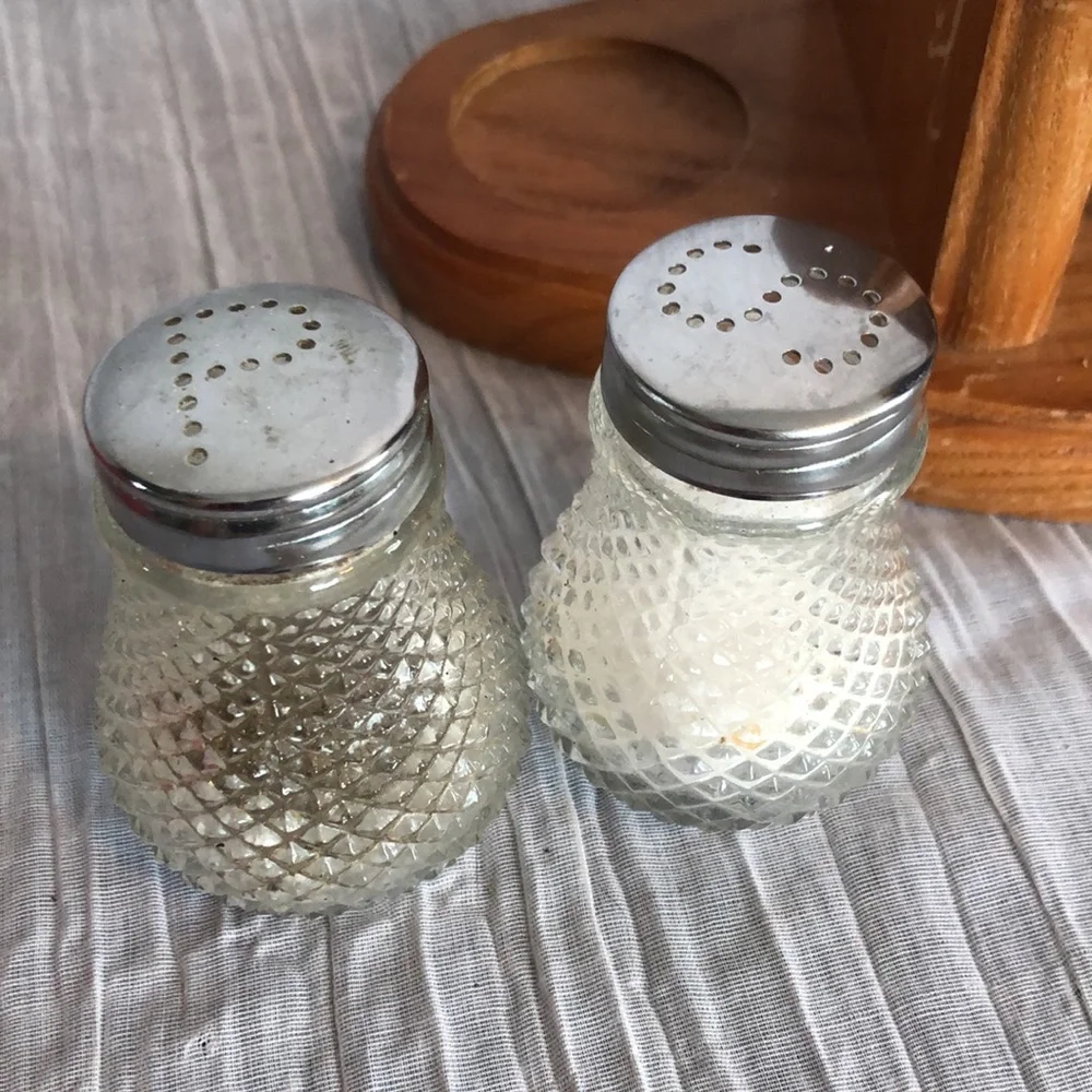 Vintage 1960s Salt & Pepper Shakers Cut Glass Beveled & Pfalzgraff napkin holder